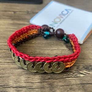 NWT Novica red and brown macrame bracelet with brass coin charms